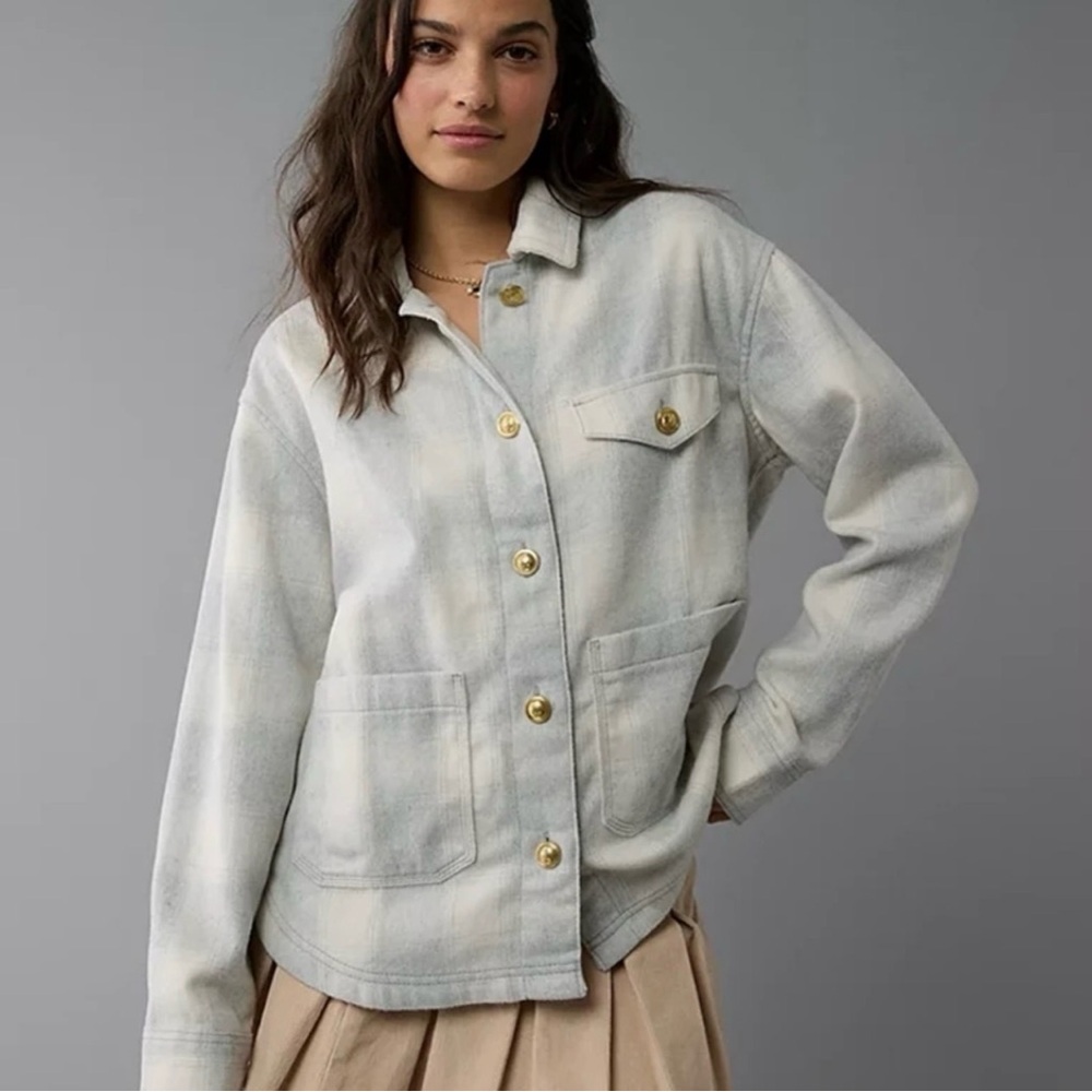 American Eagle Outfitters Light Gray Plaid Utility Jacket